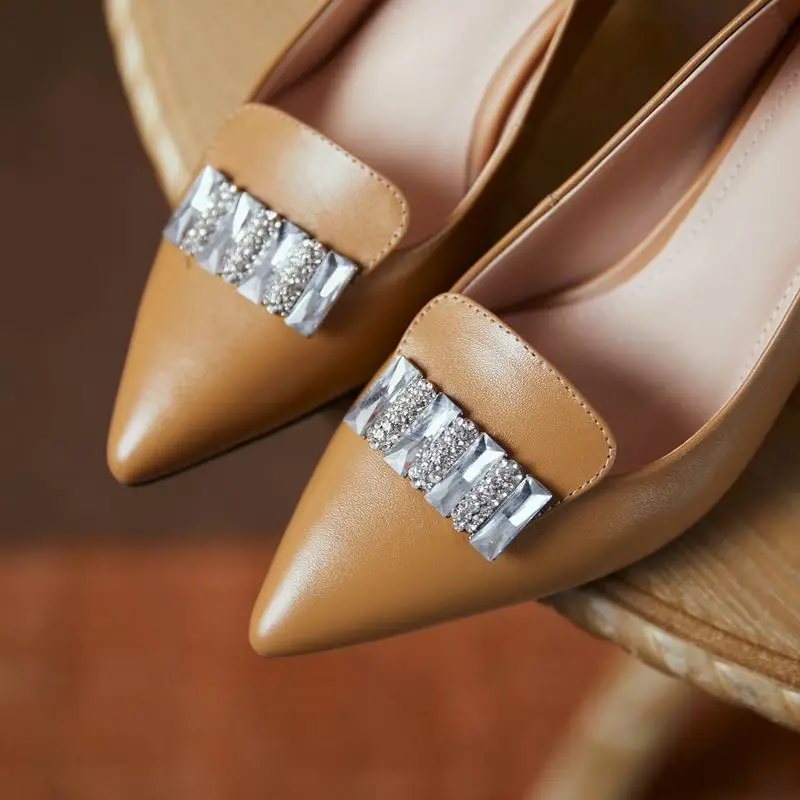 

ALLBITEFO rhinestone golden heel genuine leather high heels pointed toe fashion high heel shoes women heels party wedding shoes