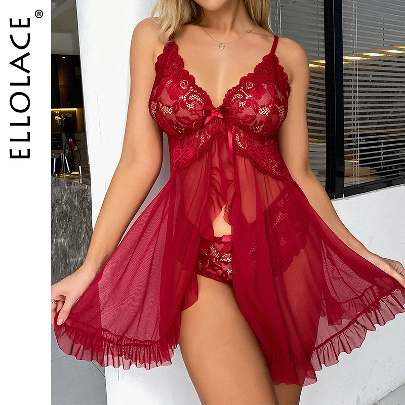 

Ellolace Split Lace Women's Pajamas Sexy Transparent Mini Dress See Through Exotic Costumes Nightie Lingerie Sleepwear Outfit
