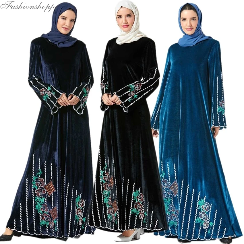 Длинное мусульманское платье с бархатной вышивкой платья размера плюс длинным