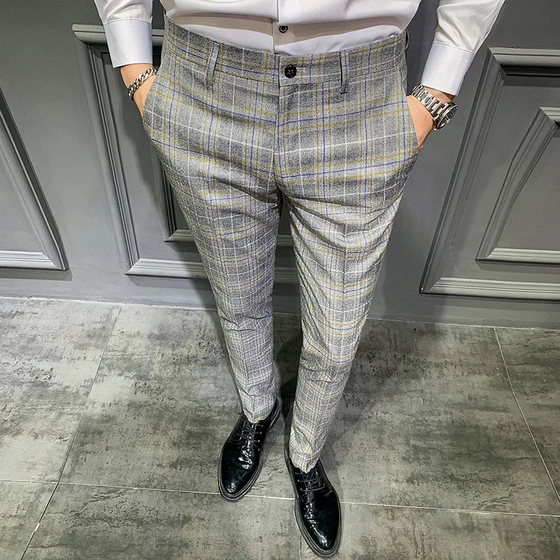Slim Fit Брюки Мода Решетчатый Костюм 