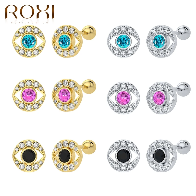 

ROXI Demon Eye Piercing Stud Earrings For Women Pendientes Plata 925 Fashion Colored Zircon Jewelry Fine Jewelry Wedding Gifts