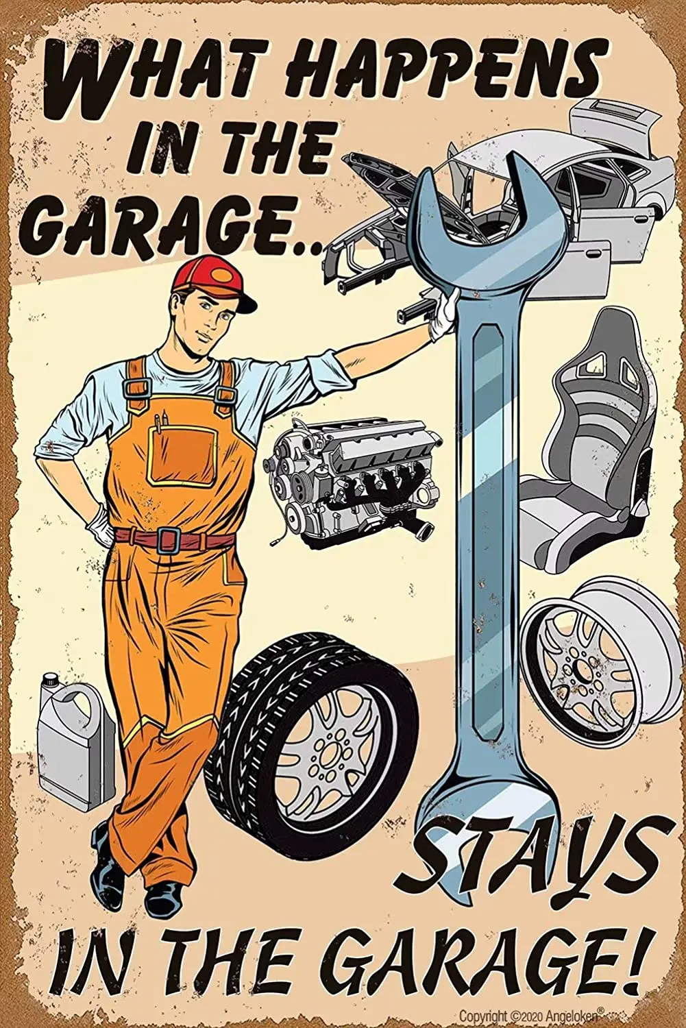 

Angeloken Retro Metal Sign Vintage TIN Sign What Happens in The Garage Sign for Wall Plaque Poster Cafe Bar Pub Gift 8 X 12 INCH