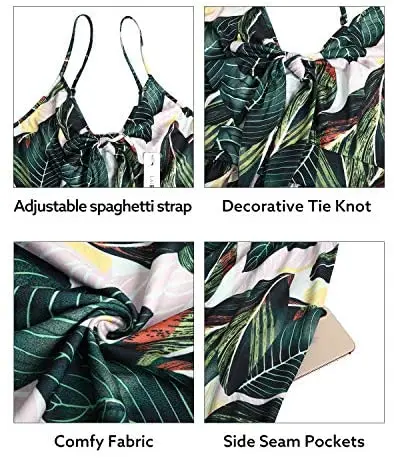 

Greaty Womens Floral Sundress V Neck Tie Knot Front Cotton Beach Style Backless Spaghetti Strap Summer Dresses With Pockets