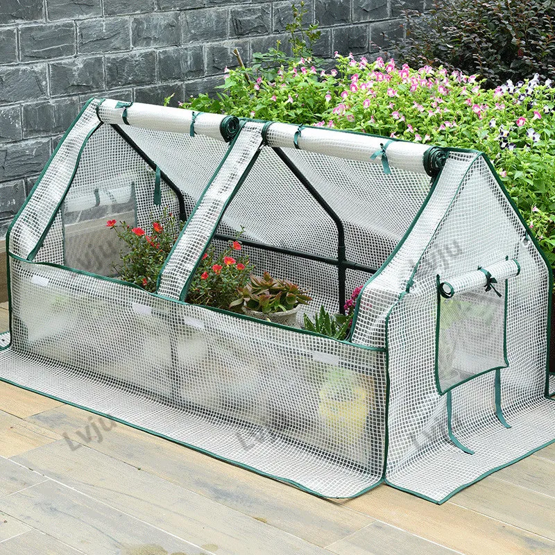 Lvju 120*60*60cm Outdoor Garden Greenhouses Flower Plant Keep Warm Shelf Roof Greenhouse for Garden Shed Durable Plastic Cover