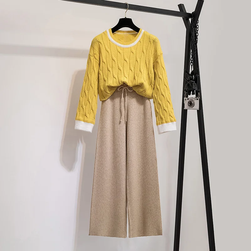 Свитер 2 предмета наряды для женщин костюм вязаный пуловер + широкие штаны и топы