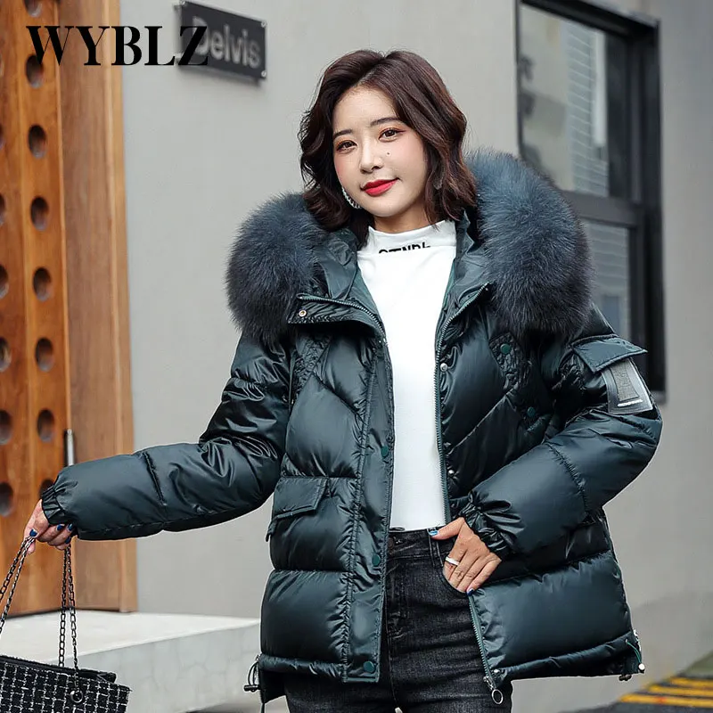 WYBLZ Winter Clothing Women Warm Cotton Jacket Hooded Fashion Padded Femme Parkas Coat Fur Collar Solid Color Loose Jackets 2021