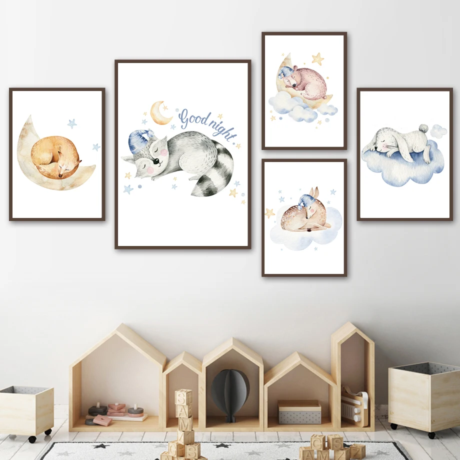 

Deer Dear Rabbit Fox Raccoon Dream Cloud Wall Art Canvas Painting Nordic Posters And Prints Wall Pictures Baby Kids Room Decor