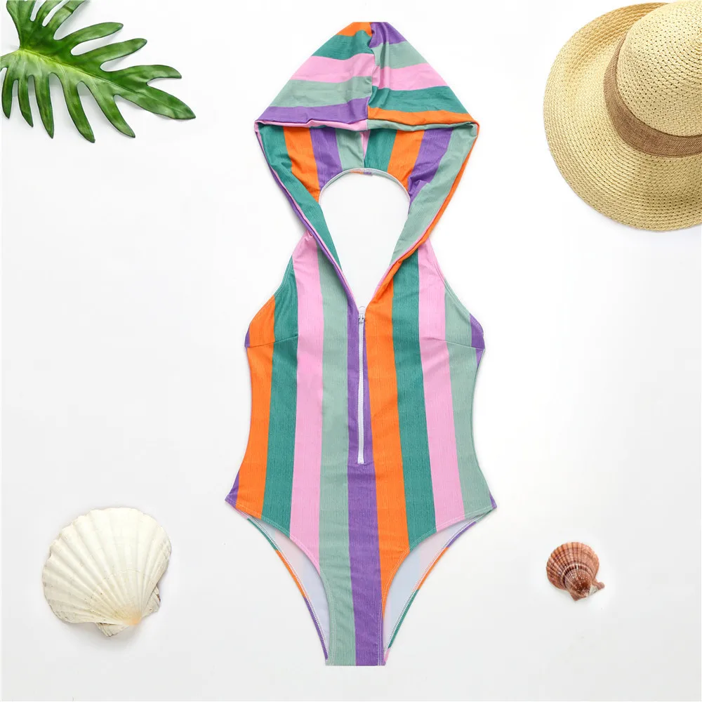Сексуальный женский полосатый слитный купальник с шапкой принтом монокини на