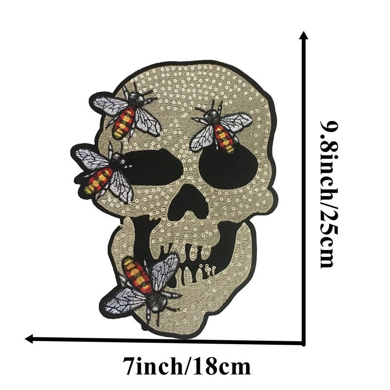 Вышитая Пчела Череп нашивки для куртки большой пчела Скелет голова блестящая