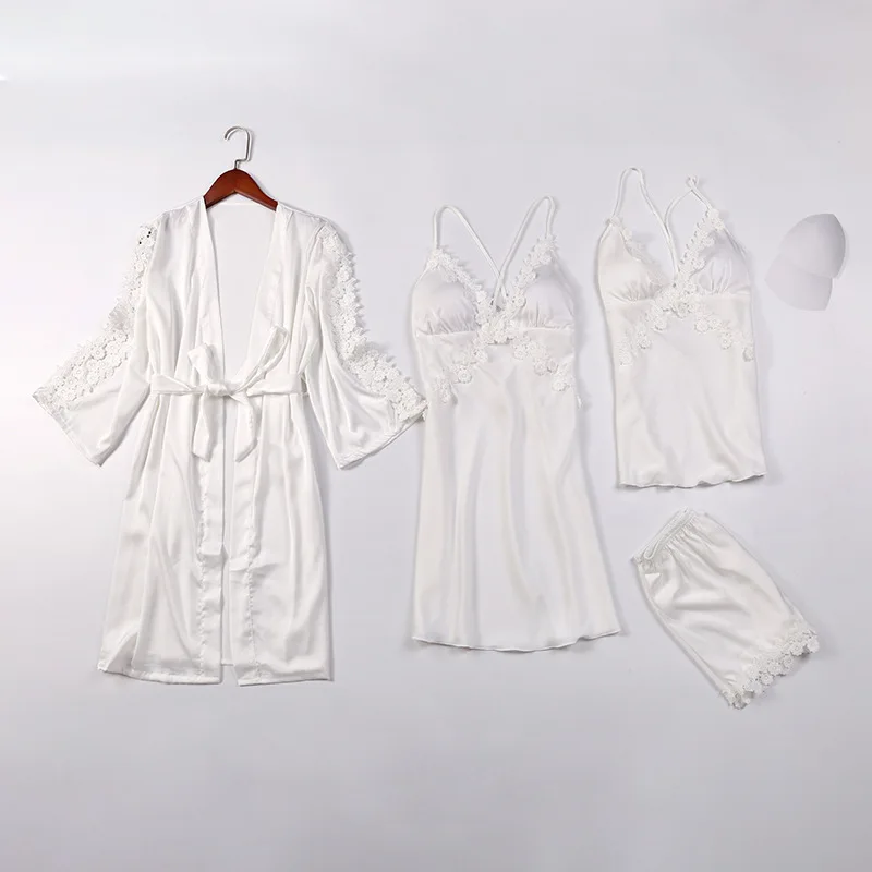 

Sexy Lady Lace 4PCS Robe Set Sleepwear Women Rayon Summer Nightgown Intimate Nightclothes Kimono Bathrobe Gown Nightwear