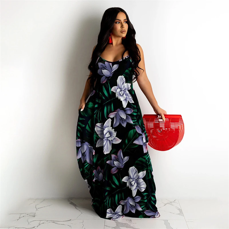 

Dresses Woman Summer 2021 Boho Vintage Maxi Dress Flora Print Loose Spaghetti Strap Retro Vestidos Mopping Dress Plus Size