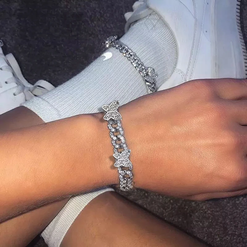 

Punk Retro Chunky Full Crystal Butterfly Cuban Chain Bracelet For Women Luxury Colorful Rhinestone Metal Bracelet Party Jewelry