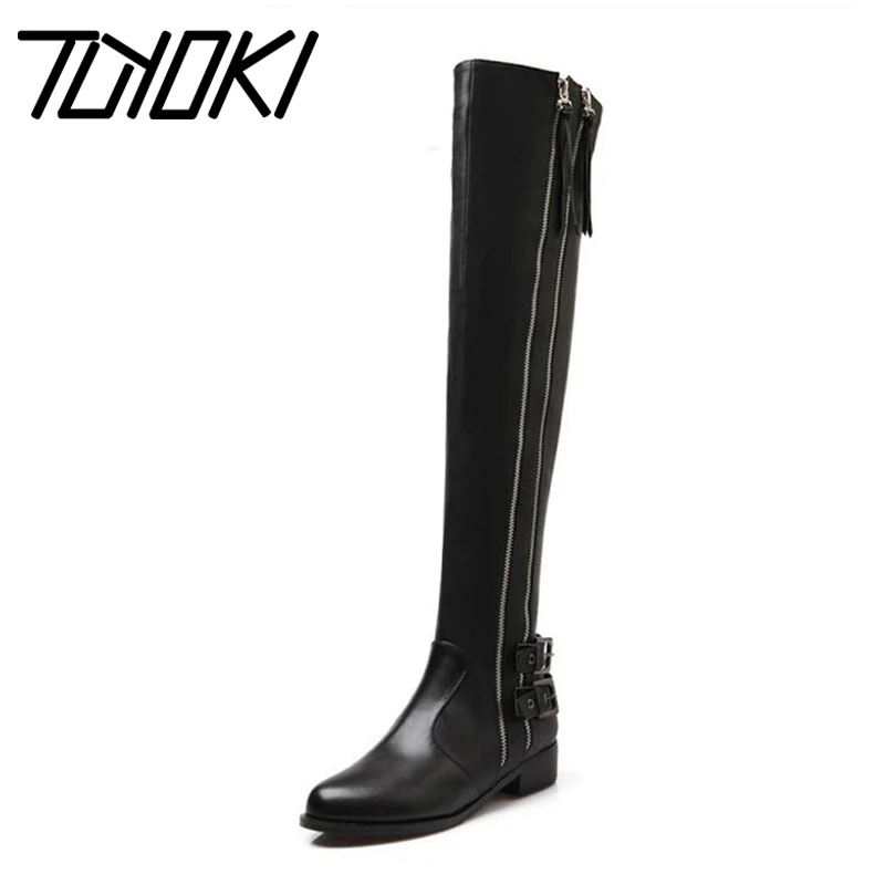 

Women Genuine Real Leather Knee Boots Winter Boots Sexy High Heel Round Toe Zipper Fashion Buckle Women Boots Shoes Size 34-39