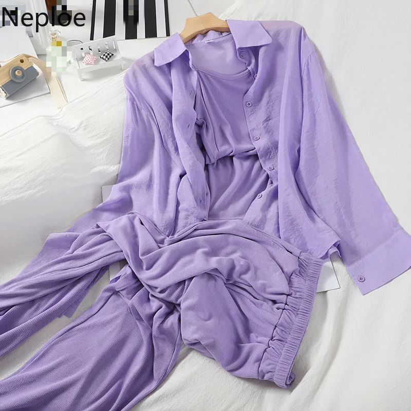 Neploe 3 Piece Set Women Single Breasted Long Sleeve Shirts+Basic Vest Sling+Elastic High Waist Wide Leg Pants Fashion Suits | Женская