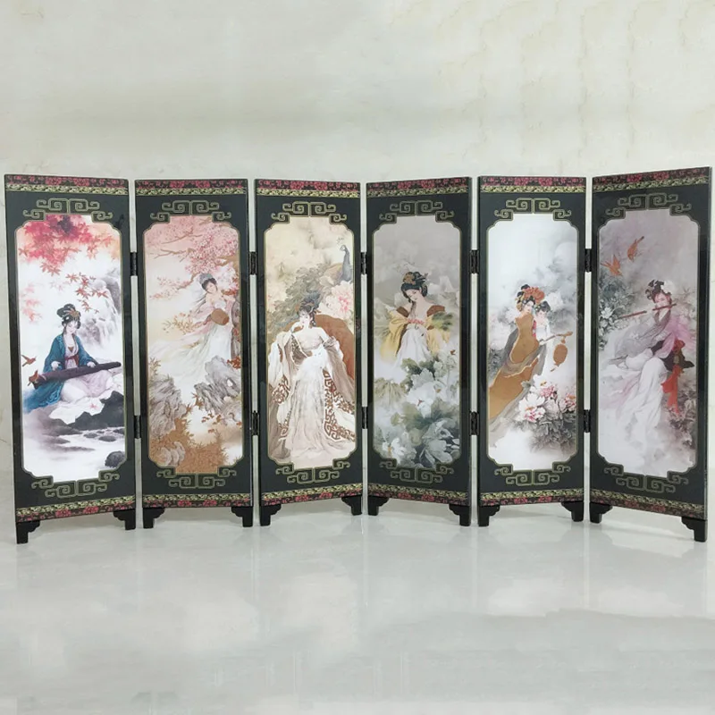 

6 Slices Ancient Ladies Folding Screen Oriental Chinese Golden Lacquer Folding Room Screen Divider Home Gift Wedding Decoration