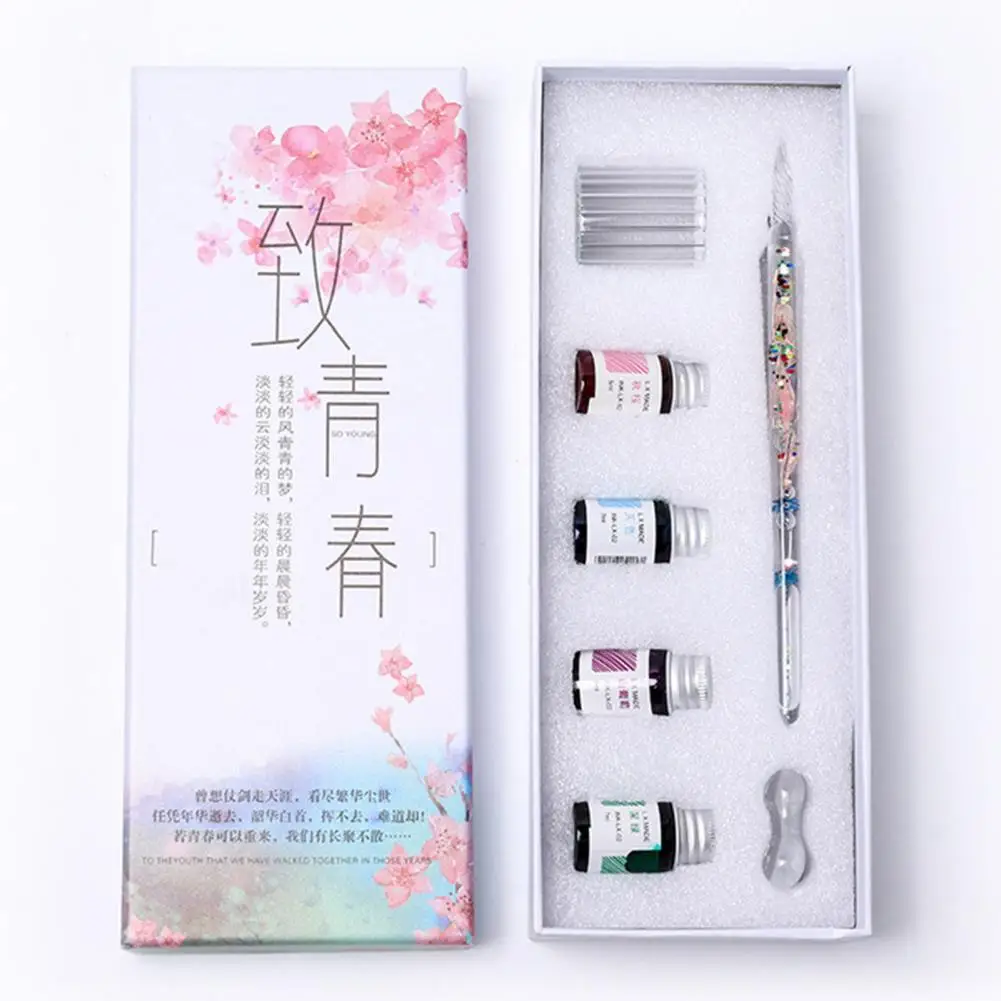 

Signature Pen Dried Flower Design Strong Ink Absorption Lightweight Vintage Glass Dip Pen Set Writing Supplies Birthday Gift