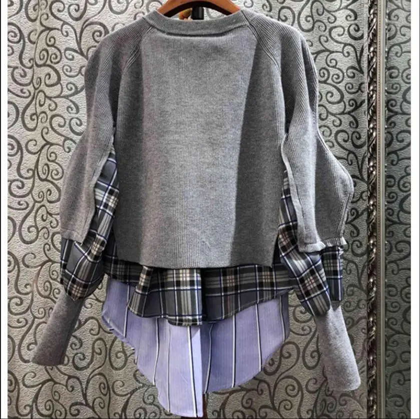 Spring New Fashion Loose Sweater Knitted Shirt Large Size Korean Women Plaid Striped Pullovers Junper Knitwear | Женская одежда