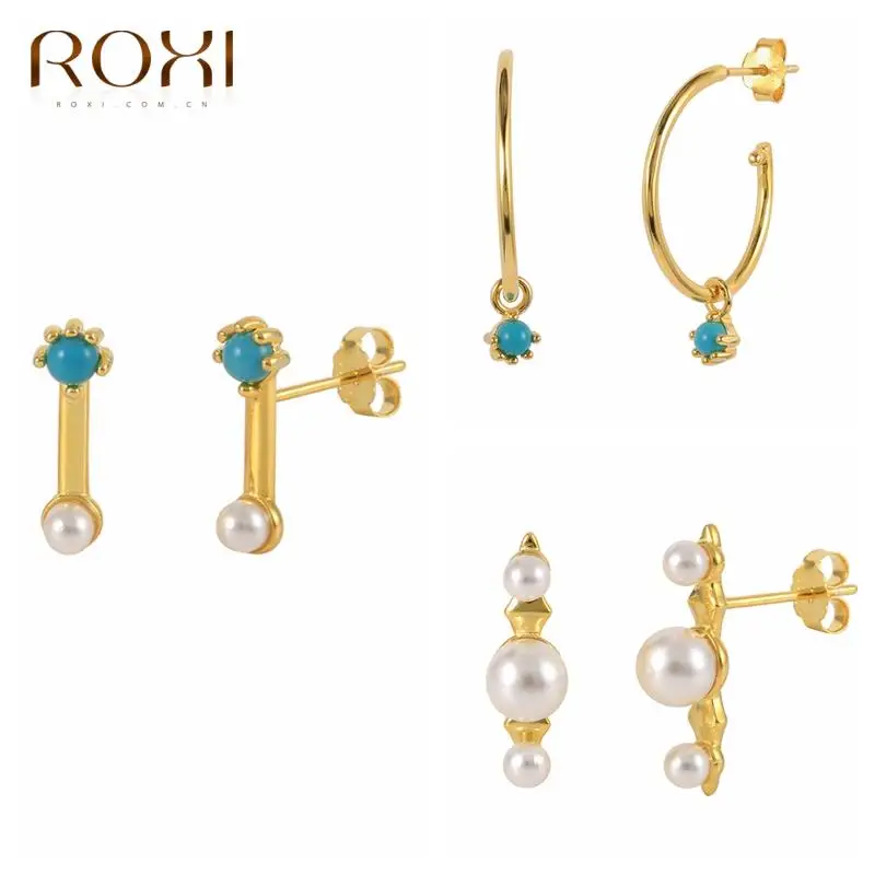 

ROXI Irregular Pearls Stud Earrings For Women 925 Sterling Silver Turquoise Earrings Jewelry joyas de plata 925 Ins Gold Earring