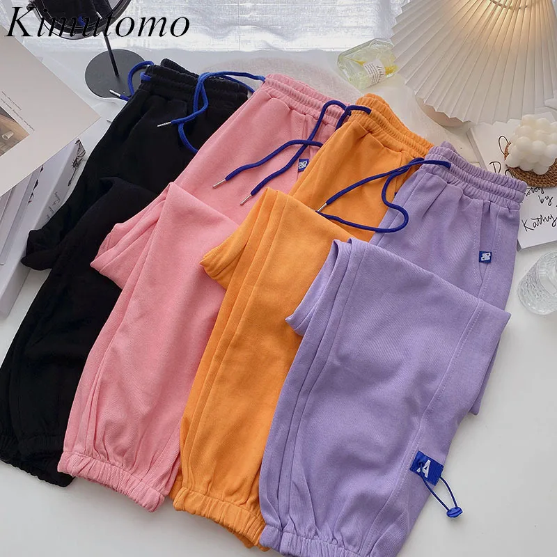 

Kimutomo Casual Harem Pants Women Summer Korea Style Ladies Elastic High Waist Drawstring Loose Pockets Letter Pants Fashion