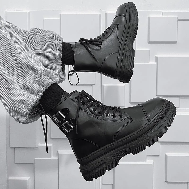 

Мужские кожаные высокие ботинки 2021, трендовые Универсальные ботинки в британском стиле для инструментов, мужские черные ботинки на осень и ...