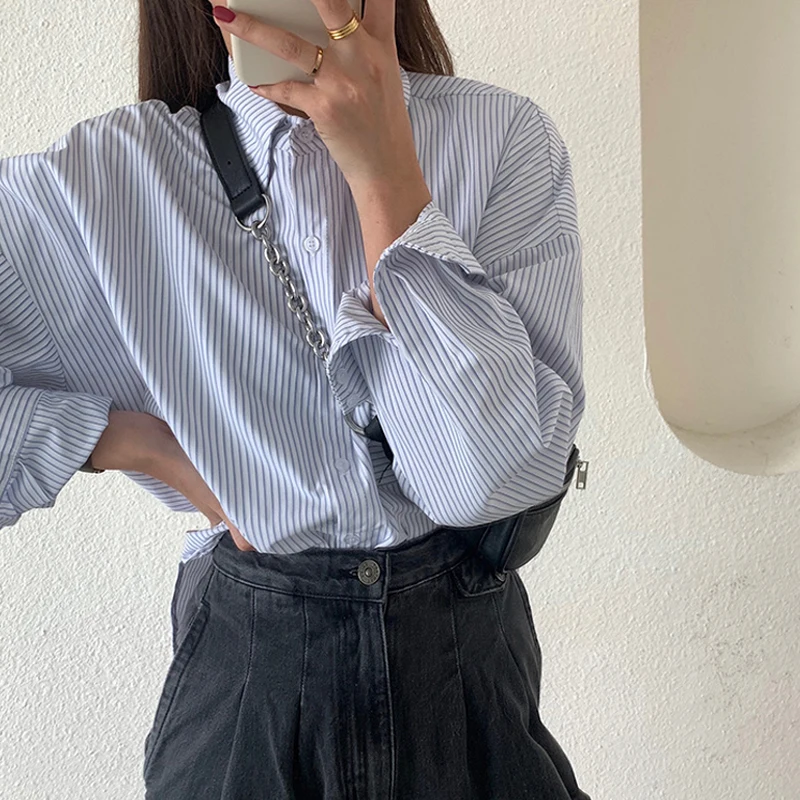 

Shirt Early Autumn Jacket Temperament Long Sleeve Shirt Women's Spring and Autumn Jacket Design Sense Niche Blue Striped Ladies