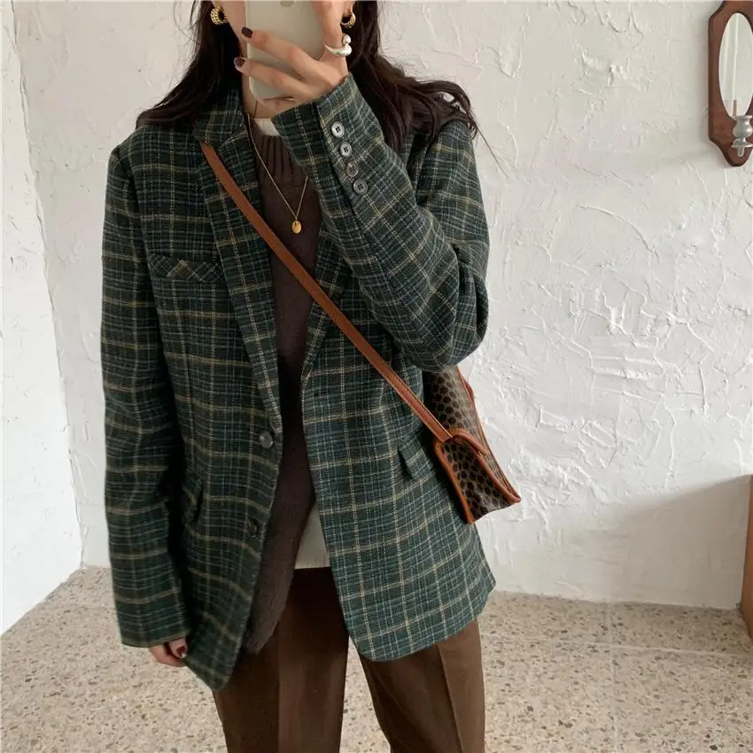 

Woolen Plaid Coat Women Blazer Jackets Female Retro Suits Coat Korean Style Vintage Spring Autumn Outerwear Ka1272