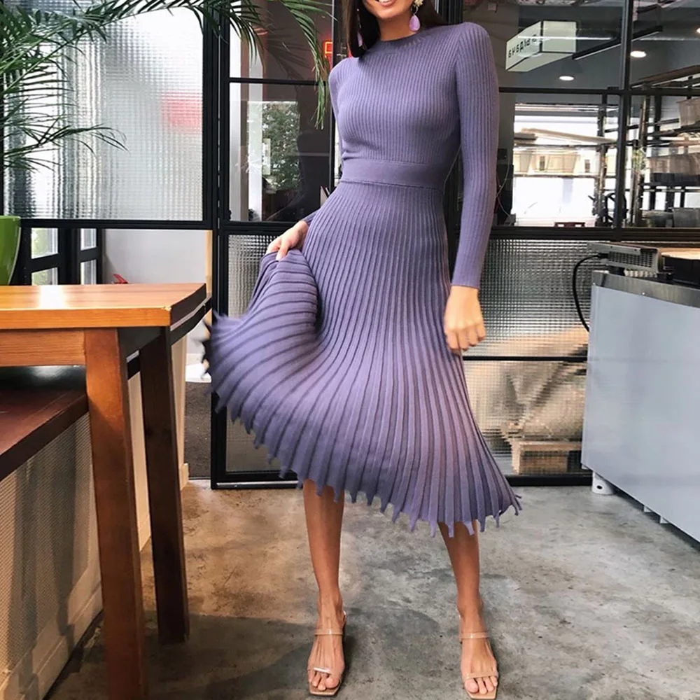 Черные Зимние плиссированные вязаные платья женское платье весна 2020 розовые