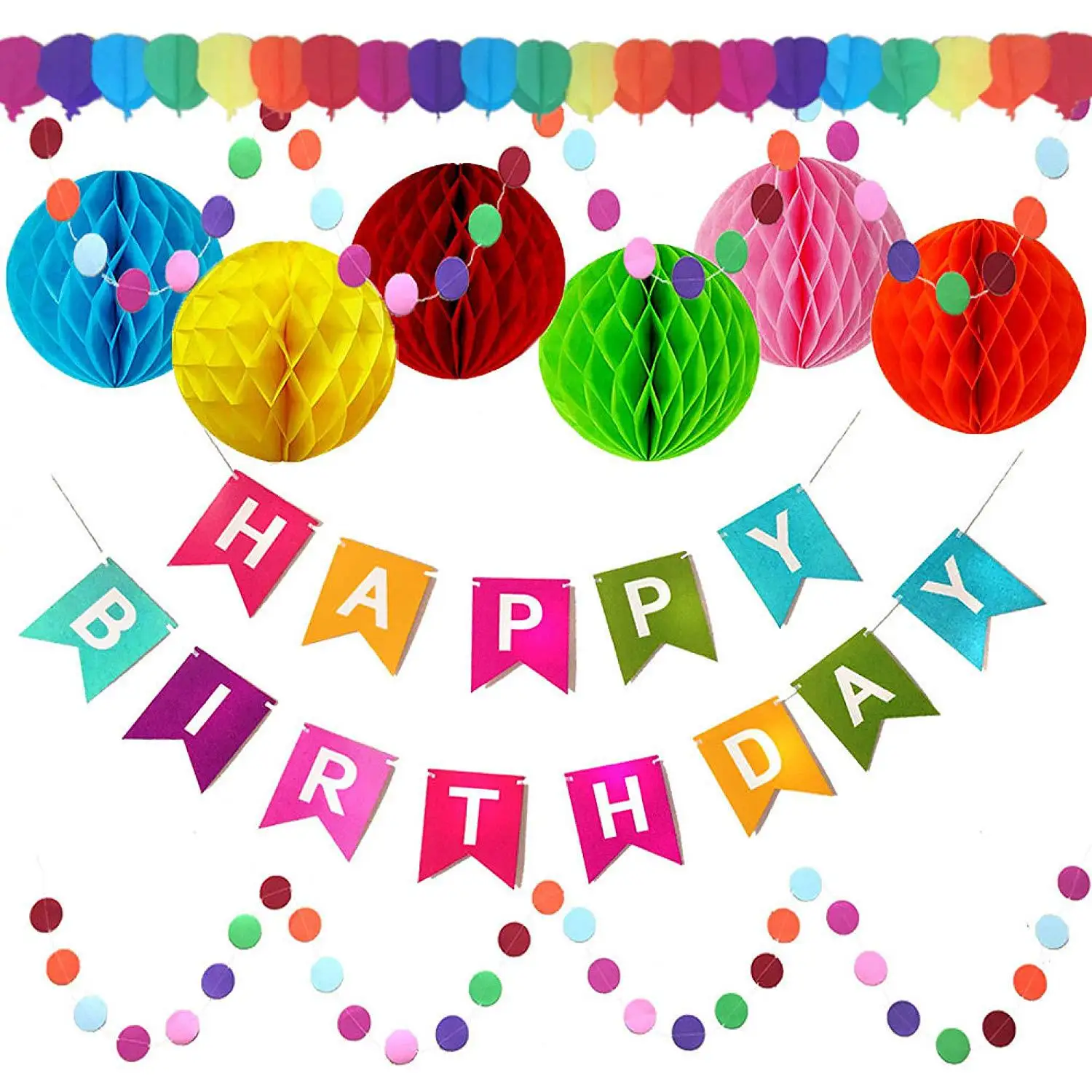 

Birthday Party Decoration Set Colorful Birthday Banner Paper Flower Ball Spiral Hanging Paper String Latex Balloon
