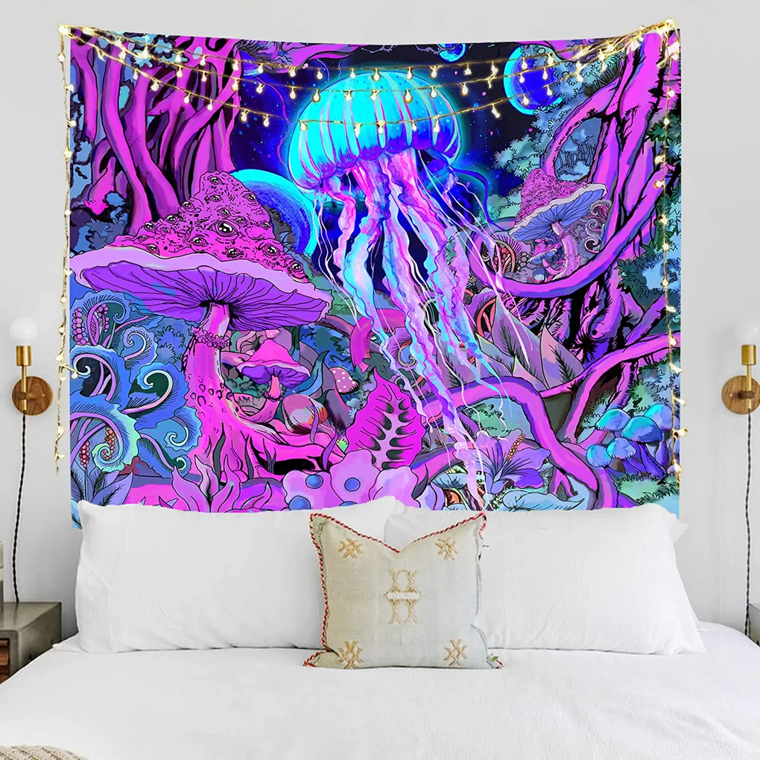 

Hippie Mushroom Art Tapestry Wall Hanging Magical Forest Fantasy Space Planet Tapestry Psychedelic Jellyfish Wall Tapestry Tapiz