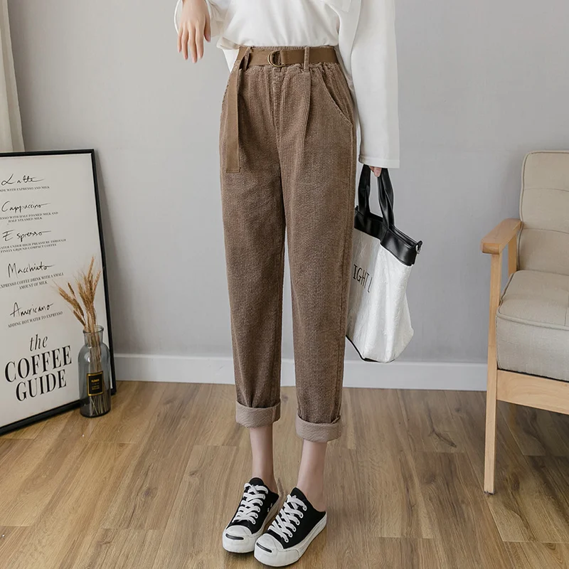 Осенне зимние вельветовые штаны шаровары с высокой талией женские свободные