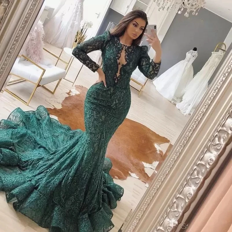 

Green Long Sleeves Lace Mermaid Prom Dresses Appliques Jewel Court Train Arabic Formal Evening Gown Custom Made Robe De Soiree