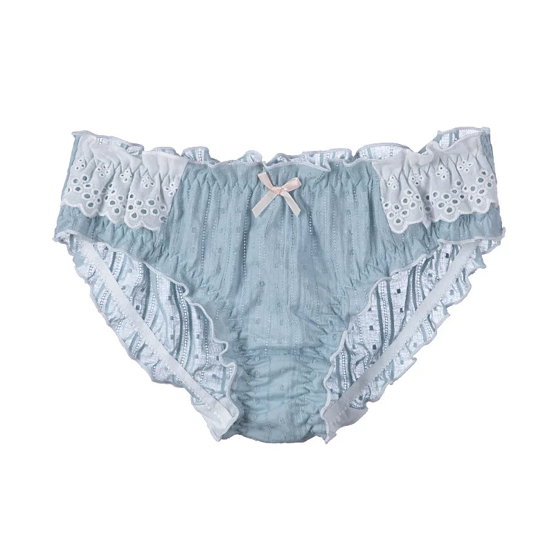 

New Style Embroidery Without Trace Middle Waist Pleated Cotton Japanese Underwear Female Lace Sexy Lace Bow Girls Briefs