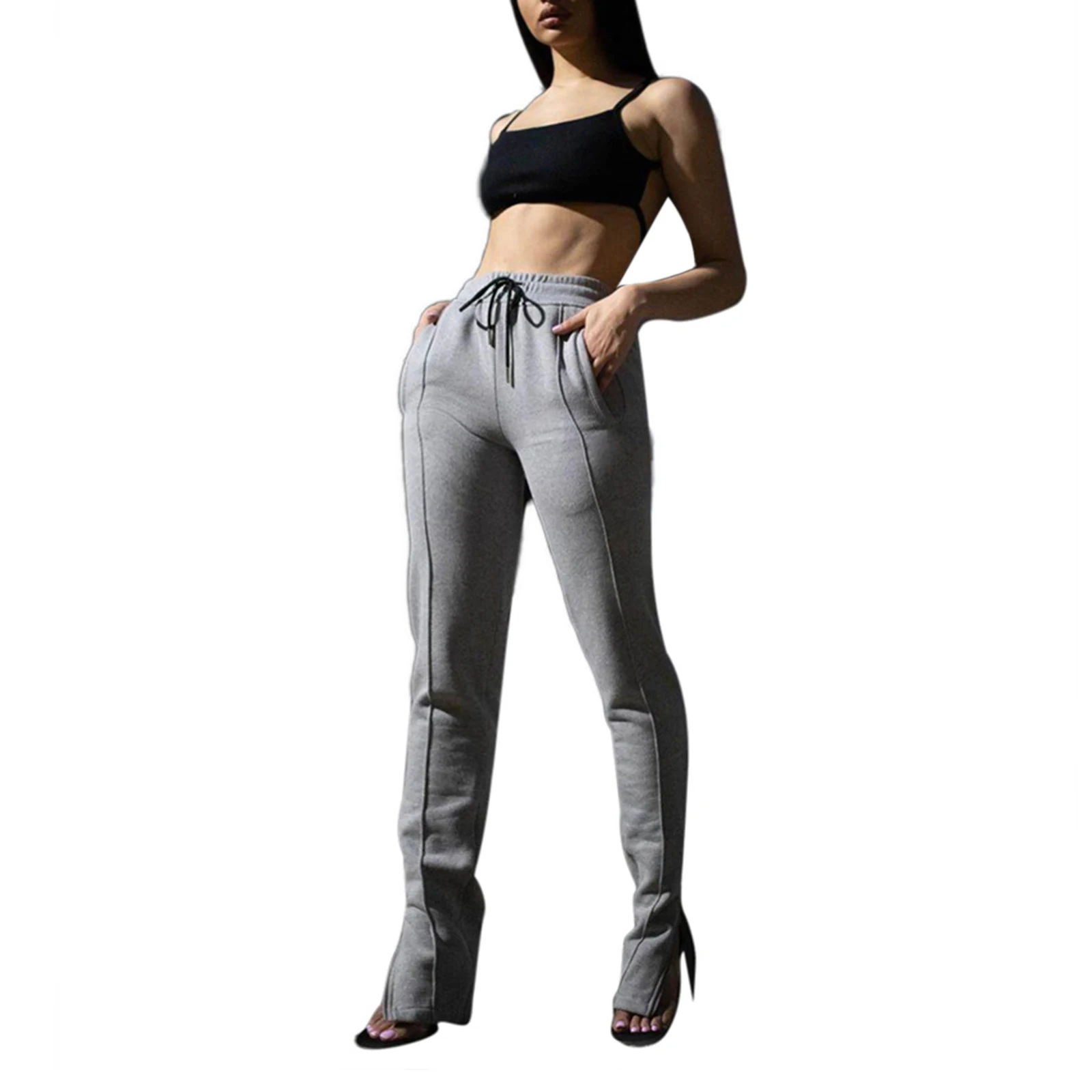 

Autumn Winter Clothing Lace Up Drawstring High Waisted Solid Trousers Casual Hem Split Thick Warm Sweatpants for Women