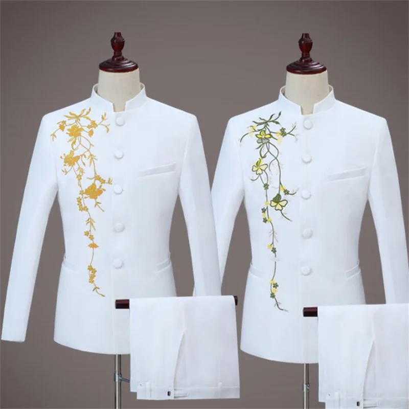 Embroidery Chinese tunic suit blazer men suit set with pants mens wedding suits costume singer stage clothing formal dress