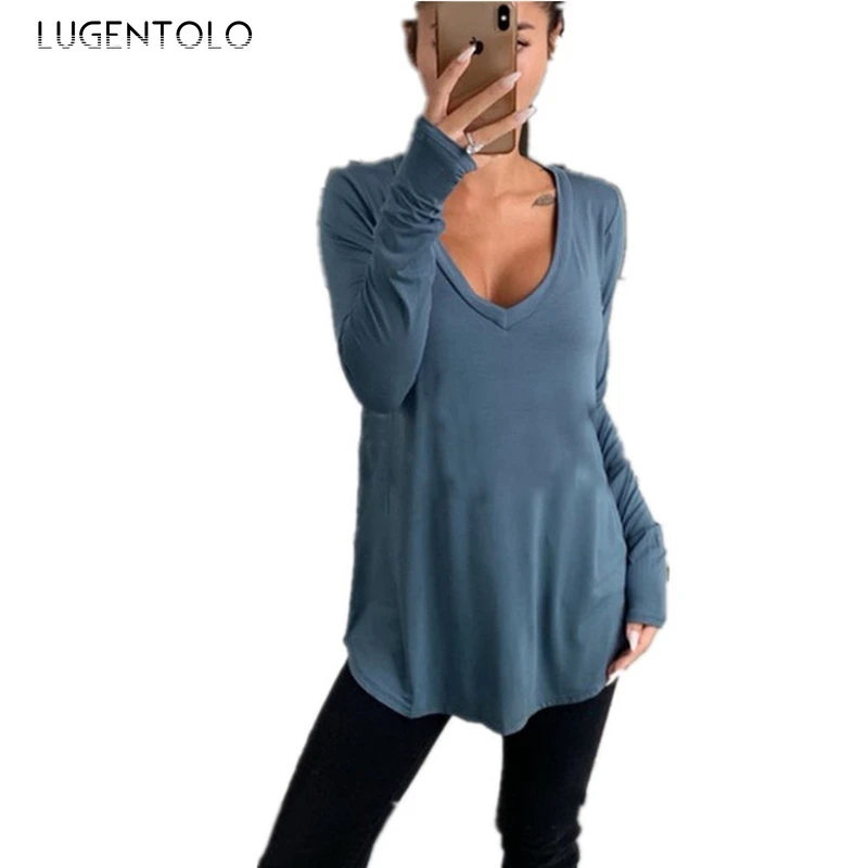 

Lugentolo Spring Autumn Women's Sexy T-shirt Loose V-neck Casual Tops Long Sleeve Female All-match Simple Bottoming T-shirt