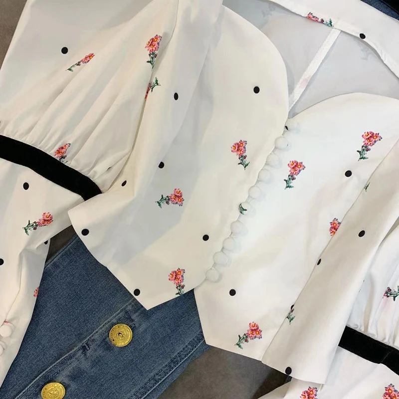 

SISPELL puff long sleeve shirts for female square collar print hit color high waist slimming cropped women's vintage shirt 2021