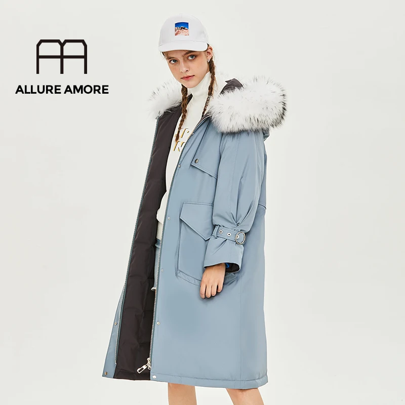 Allure Amore, зимняя женская куртка, средней длины, уплотненная, теплая, с хлопковой подкладкой, пуховик, пальто, меховой воротник, куртка с капюшоном для девочки