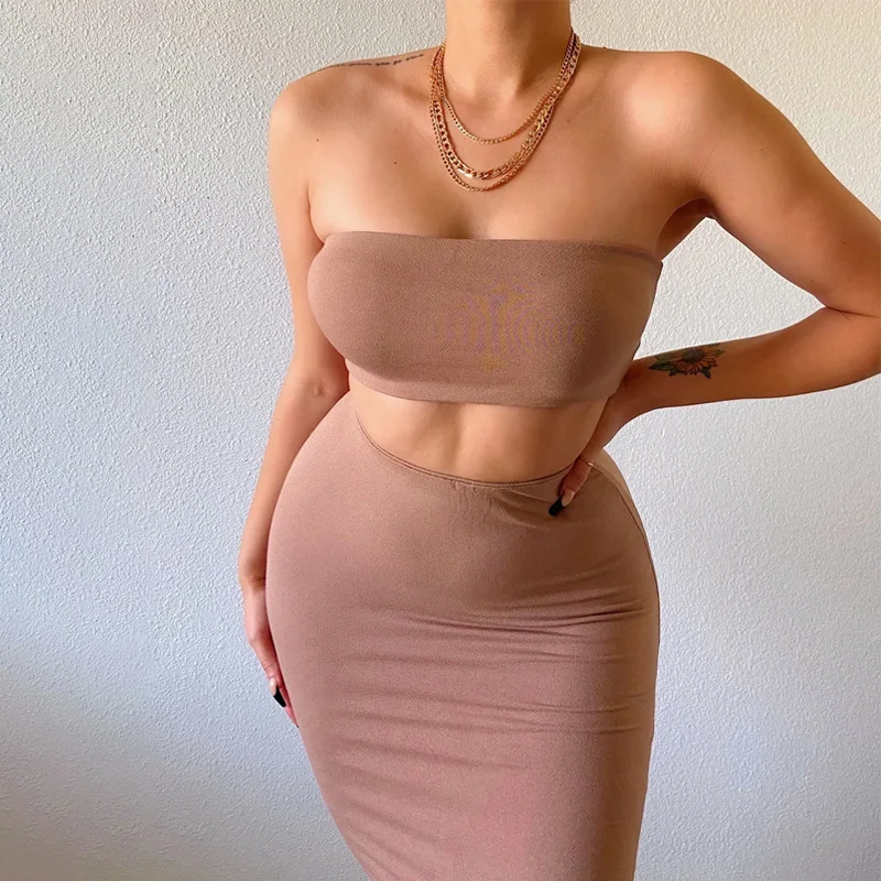 

Solid Two Piece Set Women Strapless Top Bodycon Skirt Slim Suit Sexy Party Club Clothing Korean Femme Elegant Brown Skirt Sets