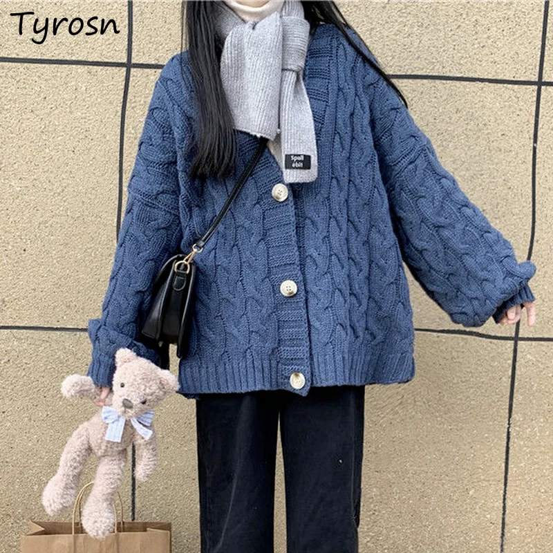 

Women Single Breasted Sweaters Solid Japan Style Cardigans Harajuku Vintage Students Twist Knitting Kawaii Preppy Coats V-neck
