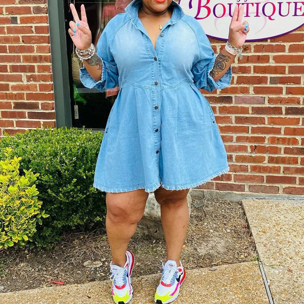 

Женское джинсовое платье с длинным рукавом, однотонное однобортное повседневное простое платье с отложным воротником, осень 2021