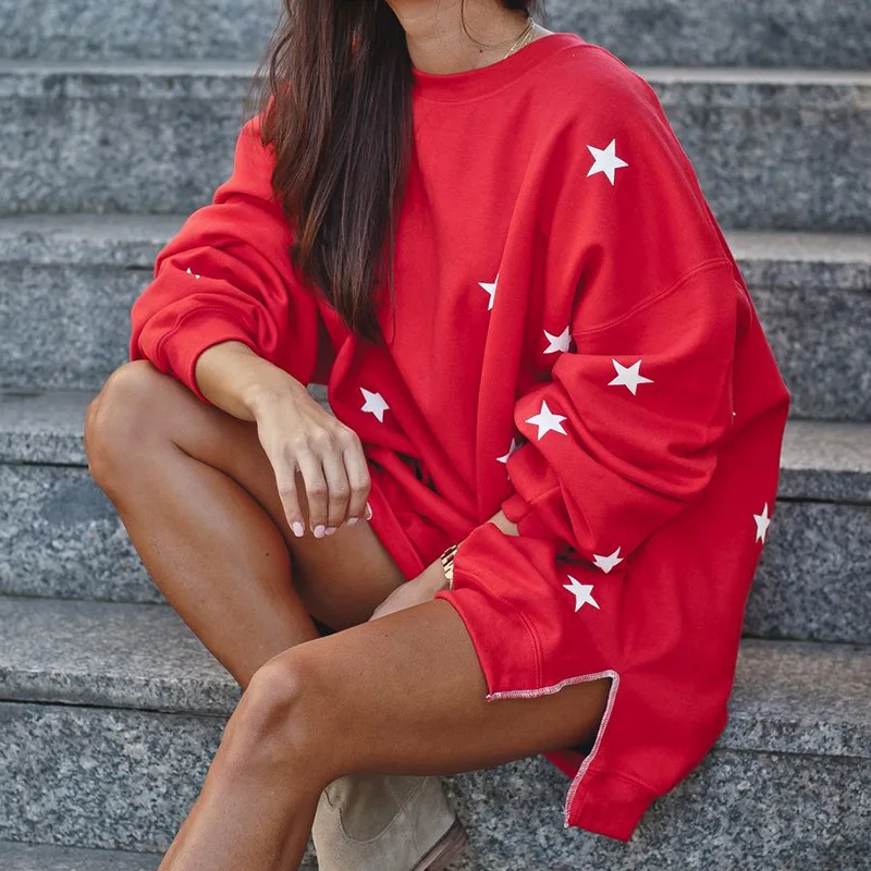 

Red Star Letter Print Oversized Sweatshirt Women Crewneck Autumn Winter Casual Loose Pullover Long Sleeve Sweatshirts Sudaderas