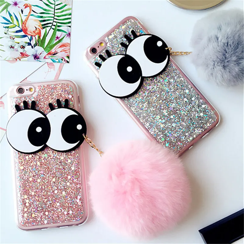 Для iPhone 6 6S 7 8 Plus X XR XS Max 11 Pro Bling Big Eyes миленький плюшевый кролик помпон меховой шар