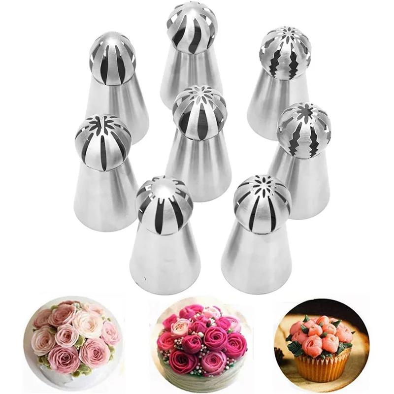 

8Pcs Russian Spherical Icing Piping Pastry Nozzles Set Stainless Steel Cake Cream Extruder Baking Flower Mouth Decorating Tools