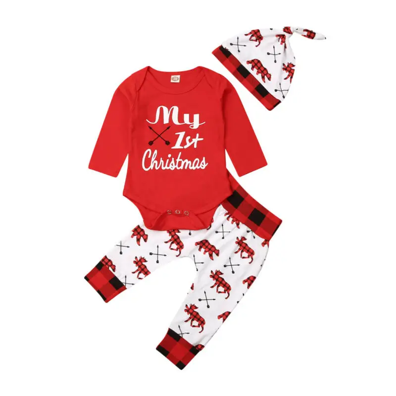 Lovely Kids Baby Girl Boy My First Christmas Letter Romper Pant Hat Outfits Xmas Set Autumn Clothing | Детская одежда и обувь