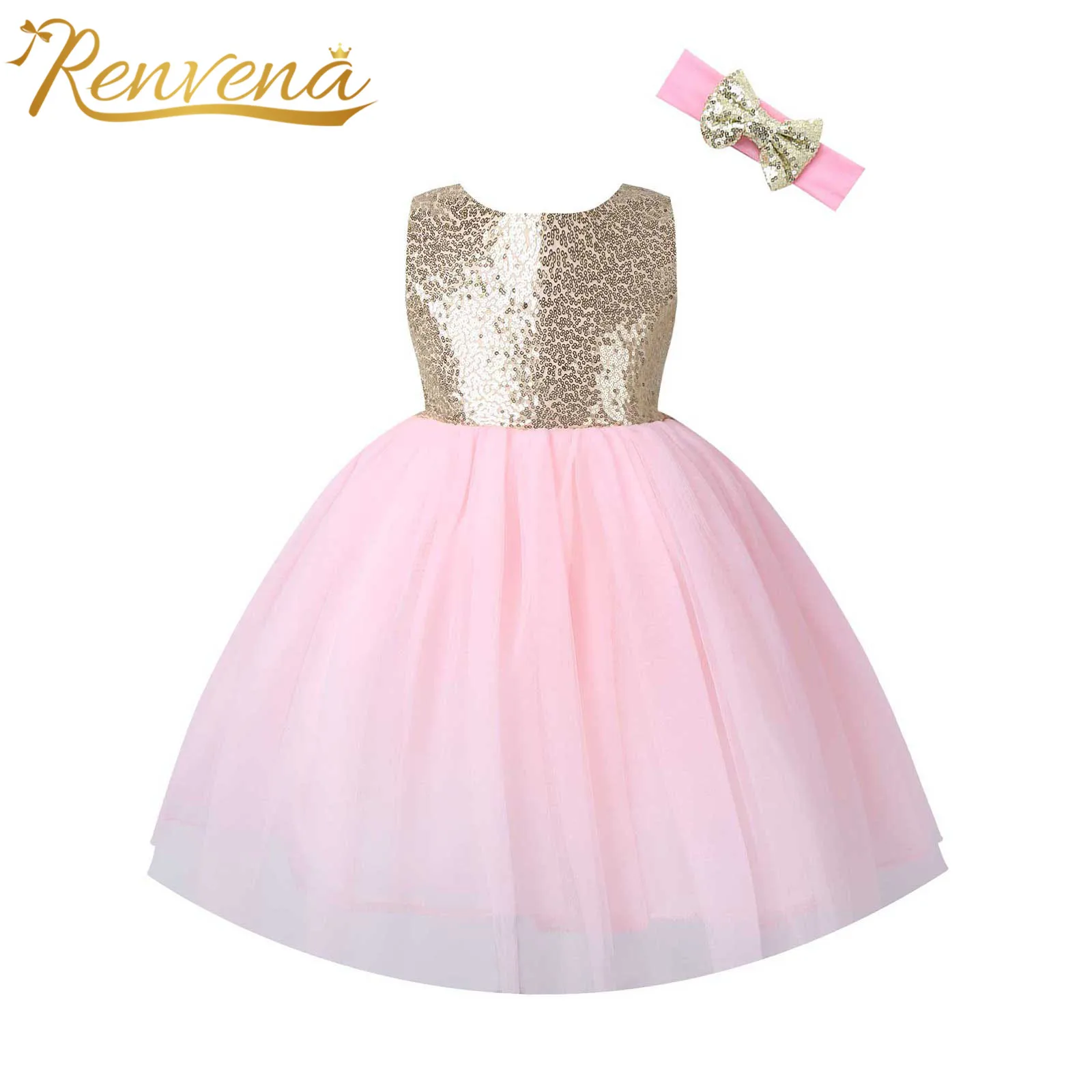 

Babys Flower Dress + Headband Mesh Tutu Sequined Princess Ball Gown Kids Dresses for Girls Birthday Wedding Party Vestidos
