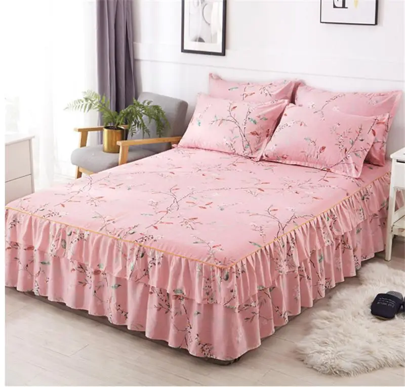 

Floral Bedspread Bed Skirt Non-slip Fitted Sheet Cover Graceful 3pcs Double Lace Home Textile Cover + Pillowcase colcha de cama