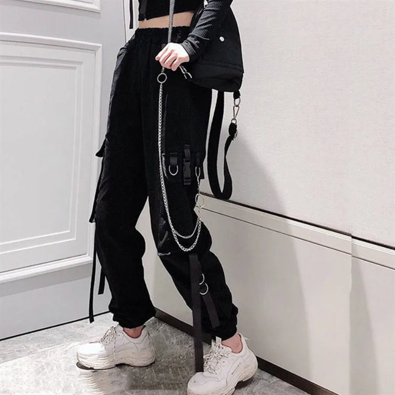 

Women's Cargo Pants Buckle Ribbon Pocket Jogger Elastic Waist High Streetwear Harajuku Pant Punk Ring Chain Females Trousers2021
