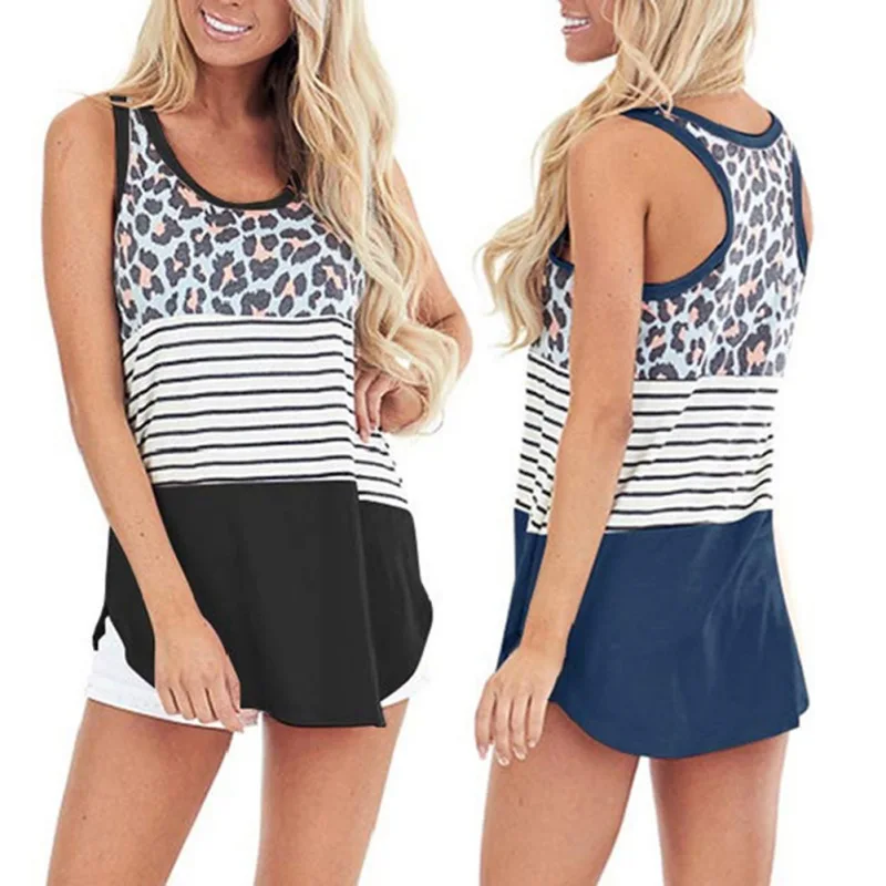 

Leopard Print Patchwork Camisole 2021 Summer Sleeveless Tshirt Women Casaul Loose O-neck Tank Top Female Clothes Stripe Vest Tee