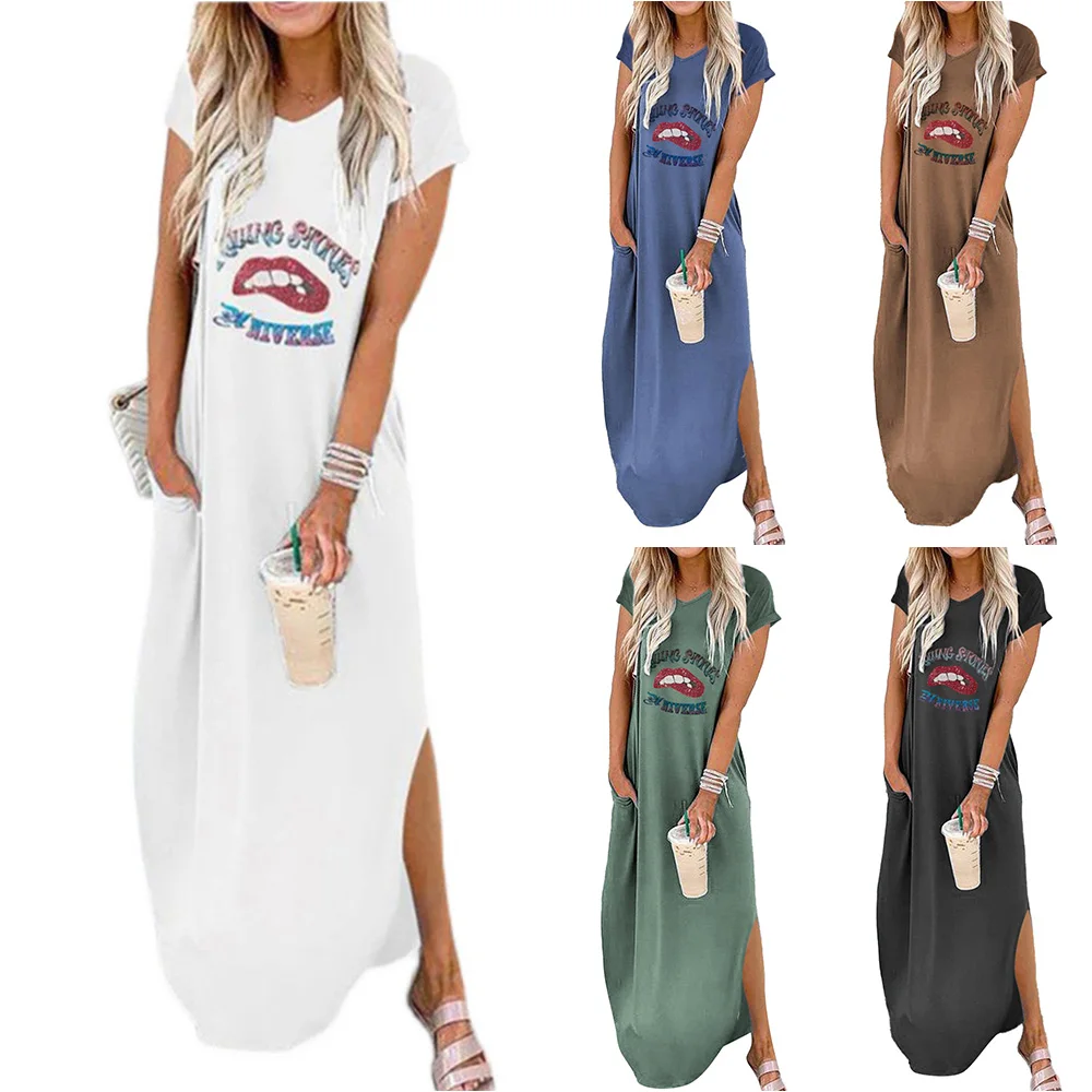 

VICABO Fashion Casual Slogan Print Short Sleeve Loose Split Oversized Maxi Dress Long Irregular Hem Summer Female Vestidos