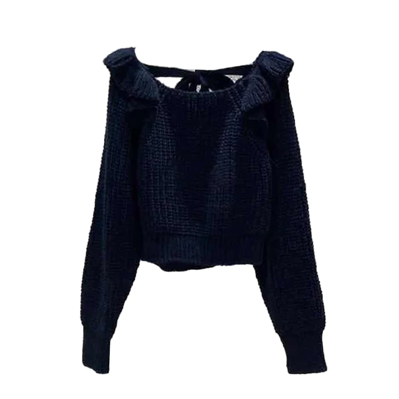 

Korean Winter Clothes Sweaters for Women O-neck Lace Up Knitted Cropped Pullovers Sweet Ruffles Jumper Pull Femme 2020